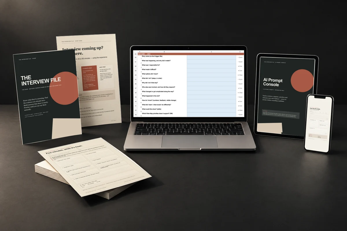 The Interview File bundle shown across laptop, tablet, phone and printed pages.