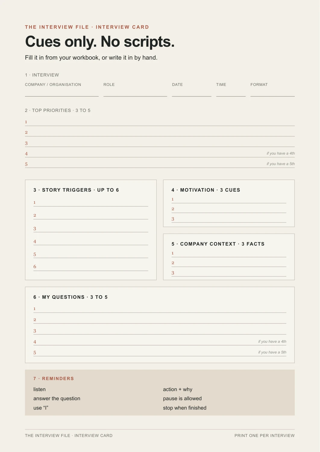 The real one-page Interview Card with priorities, story triggers, motivation, company context and questions.